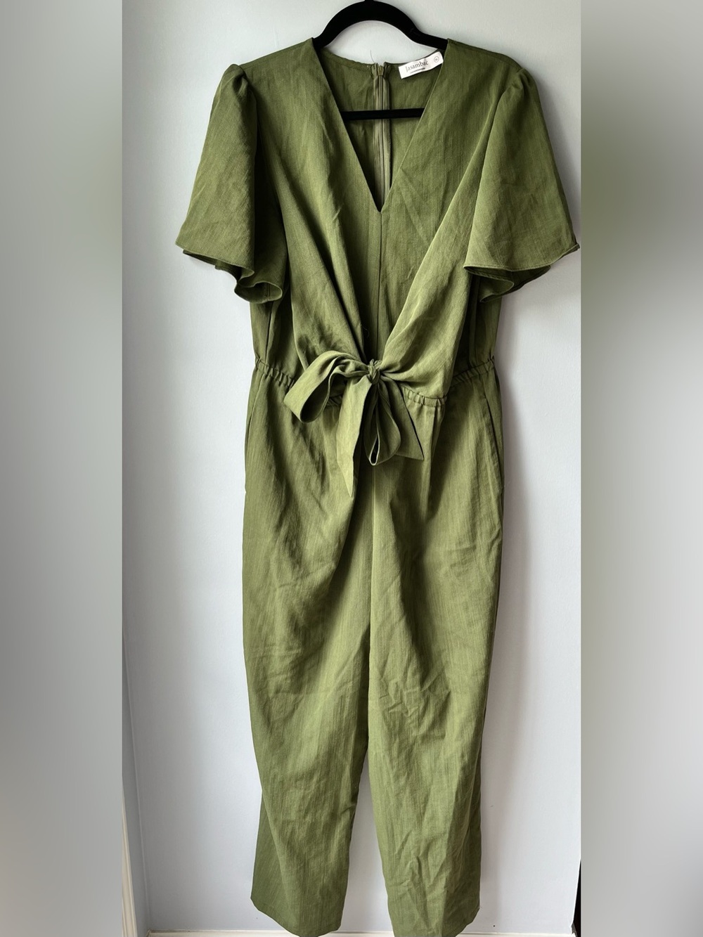 JASAMBAC Emerald Green Wide Leg Jumpsuit XL Wedding Guest V Neck Pockets